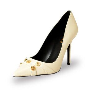 Versace Women's Gold Medusa Beige 100% Leather Heeled Pumps Shoes US 7 IT 37